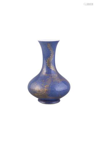 A POWDER BLUE AND GILT DECORATED VASE,Qing Dynasty (1644 - 1911), of compressed form with