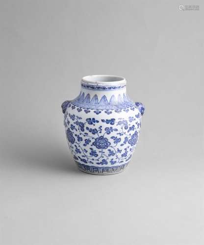 A BLUE AND WHITE WINE JAR, LATE MING DYNASTY, c.1600, of oviform shape with twin falcon mask side
