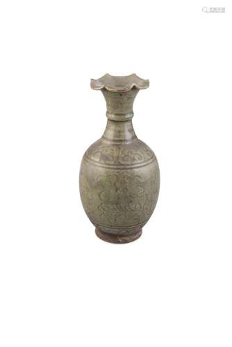 A LONGQUAN CELADON GLAZED VASE, potted with a pear shaped body and surmounted with a waisted neck