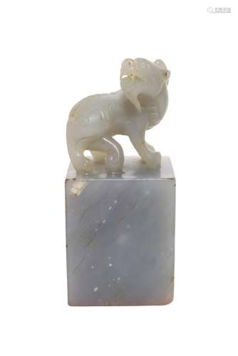 A CELADON JADE 'QILIN' SEAL, 18th/19th century of square section, surmounted with a carved
