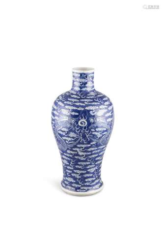 A LARGE BLUE AND WHITE BALUSTER DRAGON VASE,19th century, with six character Kangxi mark (1662 -