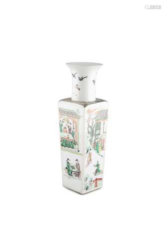 A LARGE FAMILLE VERTE SQUARE SECTION VASE, WITH KANGXI MARK each side painted with figures within