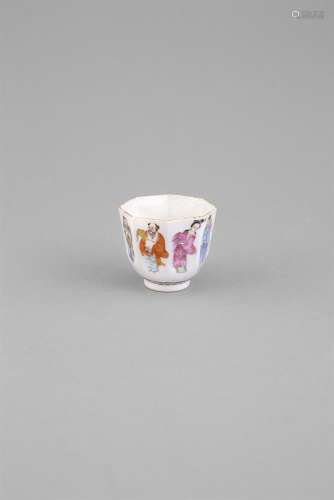 A FAMILLE ROSE 'EIGHT IMMORTAL' OCTAGONAL WINE CUP, Daoguang seal mark in red, of slightly