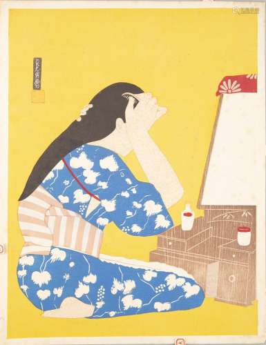 ATTRIBUTED TO SHINSUI ITO (1898 - 1972)The Dressing Chest Woodblock print, 38 x 28cmSigned in script