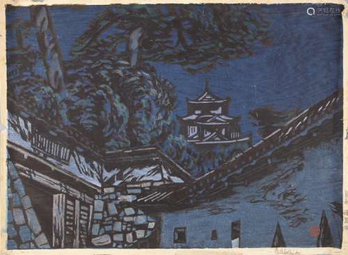 OKIIE HASHIMOTO (1899 - 1992)Moonlight, Himeji Castle, Osaka Coloured woodblock print, 40 x 55cm;