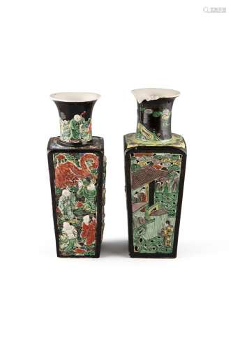 A 19TH CENTURY SQUARE SECTION FAMILLE NOIR VASE, with flared neck and reticulated panel sides,