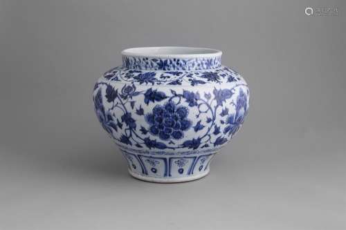 A RARE BLUE AND WHITE PEONY JAR, 'Guan' mid 14th century, the squat baluster shaped body painted