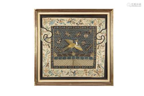 A PAIR OF FRAMED MANDARIN RANK BADGES, each woven with gilt thread depicting the golden pheasant