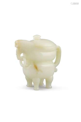 A PALE CELADON JADE ARCHAISTIC VESSEL AND COVER, late Qianlong (1736 - 1795), of even tone with mild