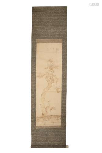 JAPANESE SCHOOL (EARLY 20TH CENTURY)Cranes under pine tree Brown wash on scroll paper108 x 30cm