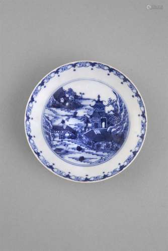 A SET OF SIX SMALL BLUE AND WHITE SAUCER DISHES, early 19th century, each decorated with Pavilion