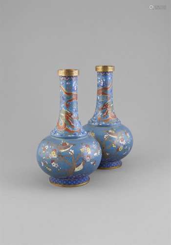 A PAIR OF CLOISONNE ENAMEL PEAR SHAPED BOTTLE VASES, C.1800, each mounted with gilt-metal collars