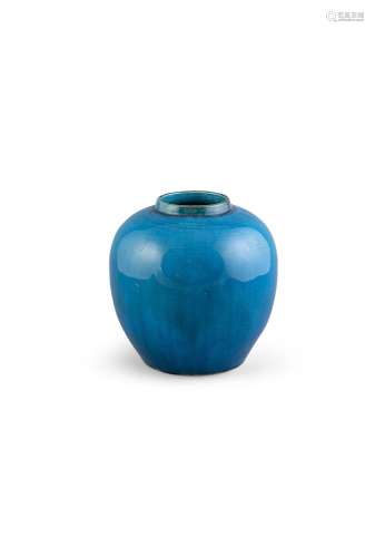 A TURQUOISE GLAZED MONOCHROME VASE, 19th century, of ovoid form, covered with a light crackled glaze