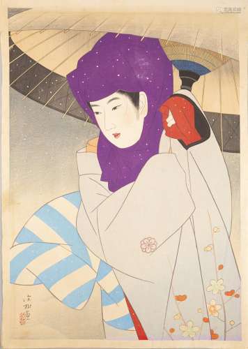 SHINSUI ITO (1898-1972)A Woman with an umbrellaColoured woodblock, 48x33cm