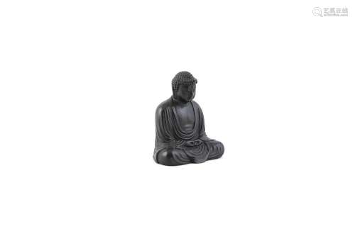 A BRONZE MODEL OF A SEATED BUDDAH, 19th century, dressed in opening flowing robes with joined hands,