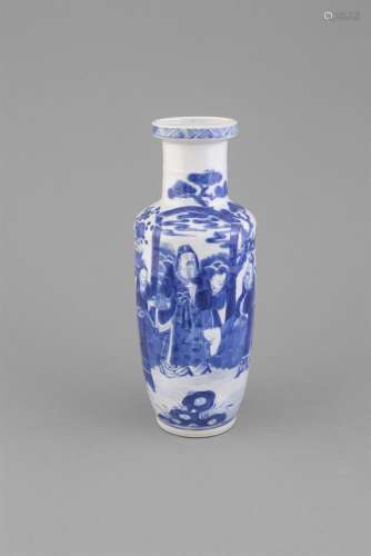 A BLUE AND WHITE ROLEAU VASE, 19th Century, of traditional form, the raised rim painted with a