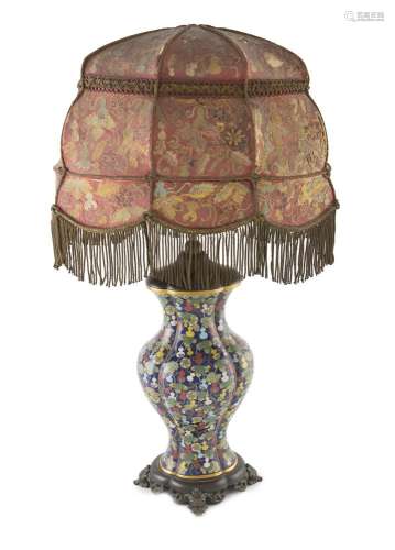 A CLOISONNE VASE, 19th century, converted to a table lamp, with bronze mount and stand, the body
