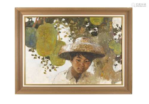CHEN YANNING (CHINESE B.1945)Young boy with fruit Oil on board, 51 x 73cmSigned Chen Yanning (b.