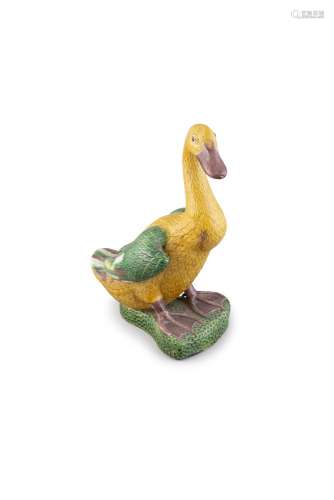 A SANCAI GLAZED MODEL OF A DUCK, Qing Dynasty (1644 -1911), covered in yellow green and aubergine