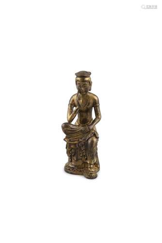 A GILT BRONZE FIGURE OF THE PENSIVE BODHISATTVA, Maitreya, modelled in seated position with one