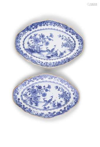 A PAIR OF LOZENGE SHAPED BLUE AND WHITE DISHES, Qianlong (1736 - 1795), each decorated with opposing