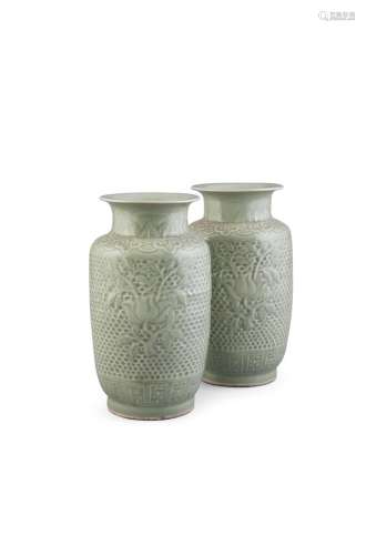 A PAIR OF CELADON GROUND BALUSTER VASES, 19th century, with six character Yongzheng mark, each
