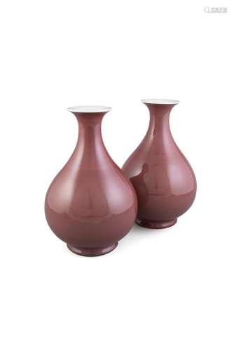 A PAIR OF COPPER RED BOTTLE VASES,Yuhuchunping, Qing Period (1644 -1911), each with rounded sides