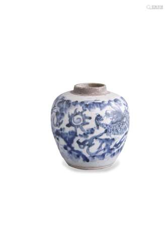 A TRANSITIONAL BLUE AND WHITE JAR, 17th Century, painted to the waist with a four-clawed dragon in