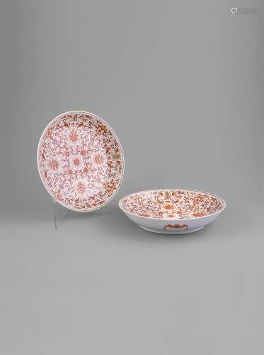A PAIR OF A LARGE IRON-RED AND GILT LOTUS DISHES, 19th century, with Jiaqing mark (1796 - 1820),