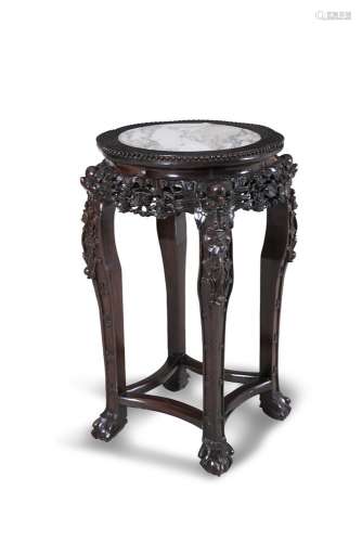 A CHERRYWOOD JARDINIERE STAND, 19th Century, the shaped circular top inset with veined white