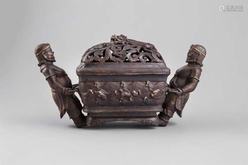 A GILT BRONZE FIGURAL CENSER, 17th century, formed as a chest and cover, with attendants to each