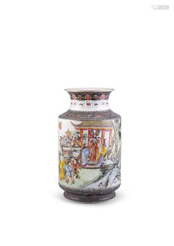 A LARGE REPUBLICAN PERIOD ENAMELLED VASE (1912 - 1949), of broad cylindrical form, the frieze