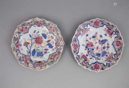 A PAIR OF PINK ENAMEL EXPORT WARE DISHES, 18th Century, each decorated with quatrefoil reserves,