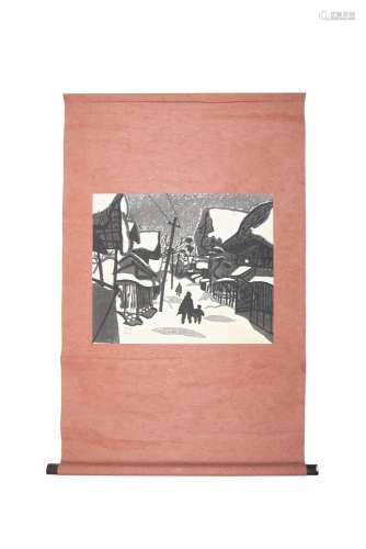 KIYOSHI SAITO (1907 - 1997)Village snow sceneColoured woodblock print on scroll, 56.5 x 47cmSigned