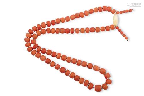 A CORAL BEAD NECKLACE, composed of a single-strand of graduating coral corallium rubrum beads,