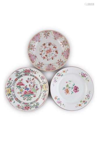 A COLLECTION OF THREE FAMILLE ROSE DISHES, 18th Century, each of circular shape painted with various