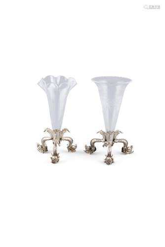 A PAIR OF CHINESE WHITE METAL SILVER AND GLASS POSY VASES, by Luen Wo, c.1900, each holding later