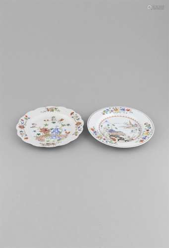 TWO FAMILLE ROSE EXPORTWARE DISHES, 18th Century, one colourfully enamelled with rockwork and
