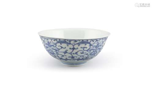 A BLUE AND WHITE 'LOTUS' BOWL, Qianlong (1736-1795) the exterior freely painted with curling lotus
