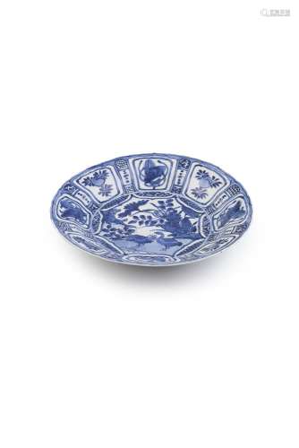 A BLUE AND WHITE 'KRAAK' DISH, WANLI (1573-1620) painted to the centre with ducks by a lotus pond,