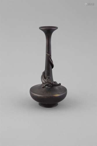 A BRONZE ELONGATED VASE, 19th century, with flared mouth and slender neck, wrapped with a coiled