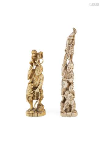 TWO JAPANESE CARVED IVORY 'TOTEM' OKIMONO, tallest 25cm high