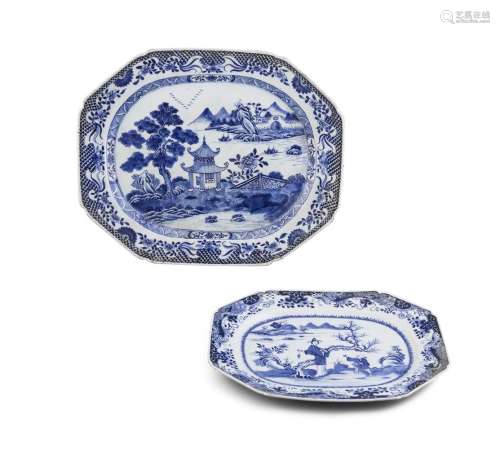 A LARGE BLUE AND WHITE OBLONG DISH, Qianglong period (1736 - 1795) with angled corners painted to