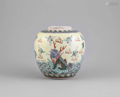 A FAMILLE VERTE YELLOW GROUND GINGER JAR,Qing Dynasty (1644 - 1911), of ovoid shape, theshoulder