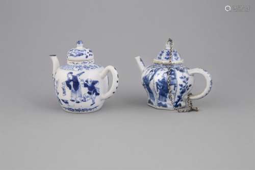 A SMALL KANGXI BLUE AND WHITE TEAPOT AND COVER, decorated with panels of female figures and leafy