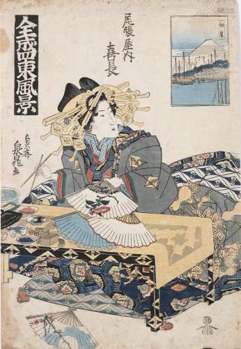JAPANESE SCHOOL (19TH CENTURY)Bijin standingWoodblock on brown paper, 32.5 x 23.5cm; Together with