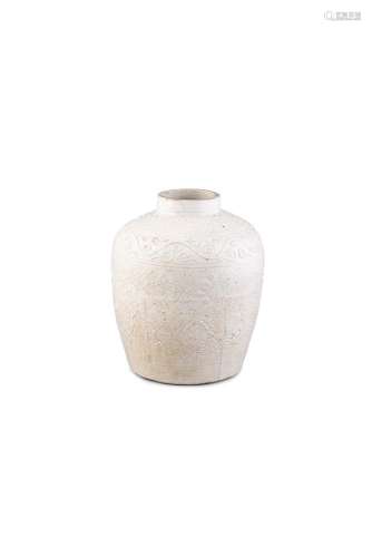 A RARE WHITE GLAZED OVIFORM JAR, moulded around the shoulders with a peony frieze, the body with a