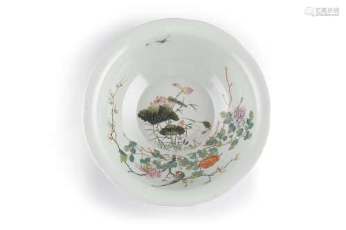 A LARGE FAMILLE ROSE 'LOTUS AND EGRET' BASIN, 19th Century, of deep circular form with everted