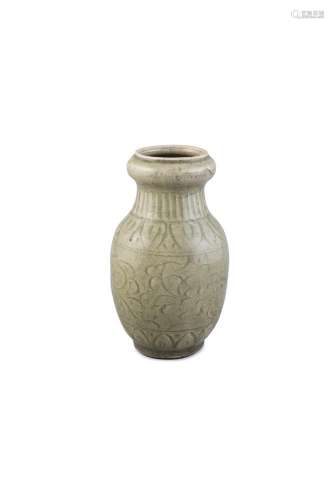 A LONGQUAN CELADON GLAZED VASE, of olive-green tone, with baluster shaped body and bulbous mouth,