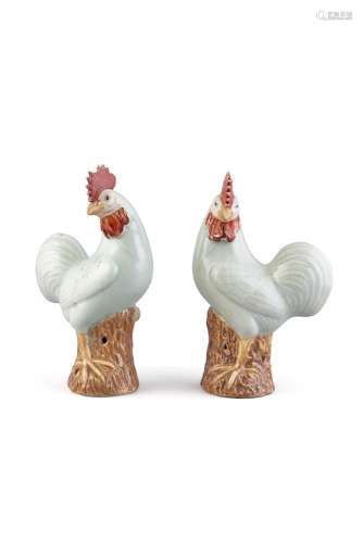 A PAIR OF CELADON GLAZED COCKRELS, Republican period (1912 - 1949), each modelled in mirror image,